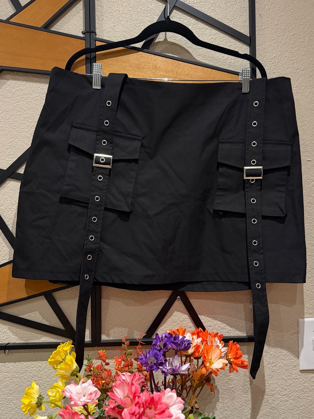 Black Utility Mini Skirt with Buckle Straps